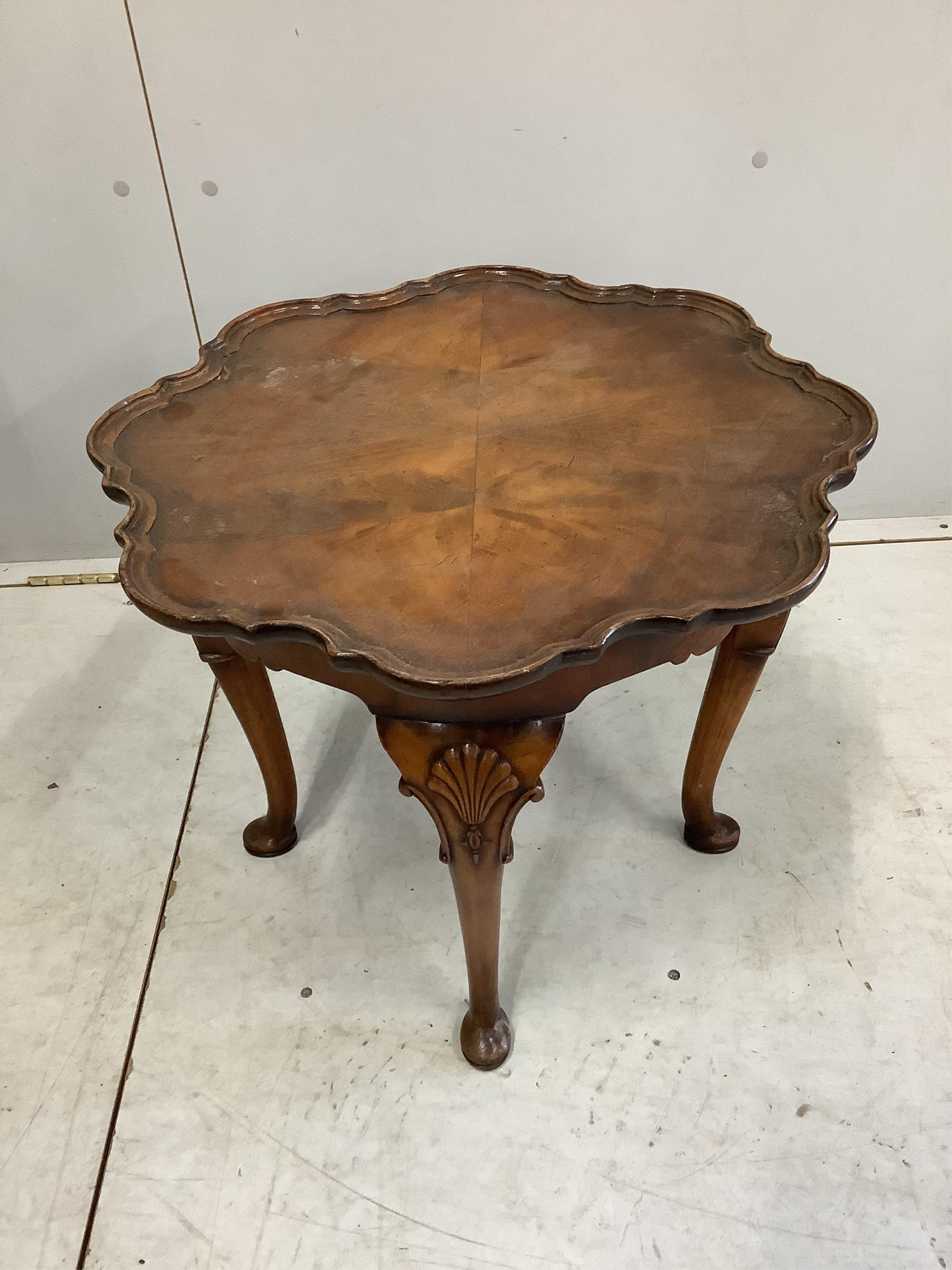 A Queen Anne Revival walnut bedside cabinet and wine table, width 42cm, depth 40cm, height 77cm, together with a Queen Anne Revival walnut wine table. Condition - fair to good